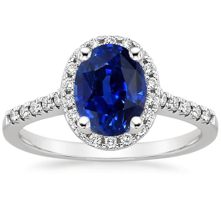 Bague de fiançailles diamant rond halo ovale saphir de Ceylan or 6 carats - HarryChadEnt.FR