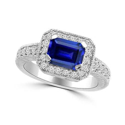 Bague de fiançailles diamant saphir bleu taille émeraude 2.20 carats or 14K