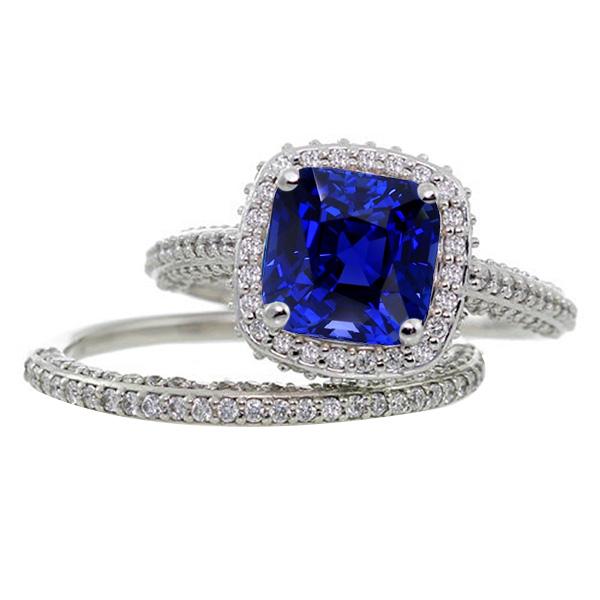 Bague de fiançailles diamant saphir coussin Halo sertie 4.50 carats - HarryChadEnt.FR