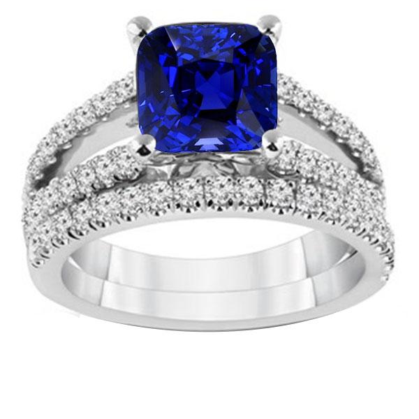 Bague de fiançailles diamant sertie coussin saphir du Sri Lanka 3.50 carats - HarryChadEnt.FR