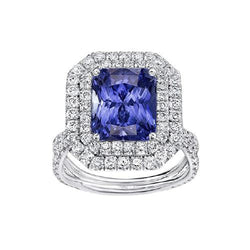 Bague de fiançailles double halo diamant or saphir tige fendue 4 carats