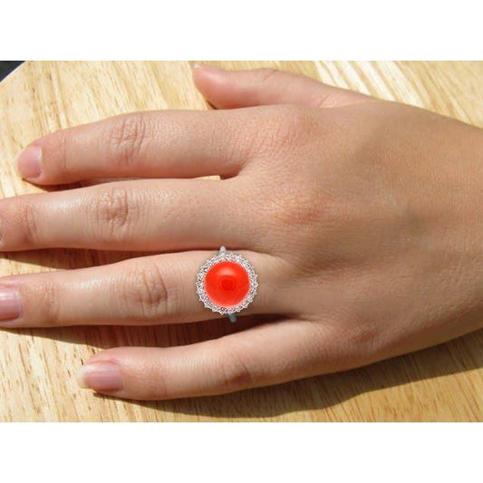 Bague de fiançailles en gros corail rouge et diamants de 15.25 ct en or blanc 14K - HarryChadEnt.FR