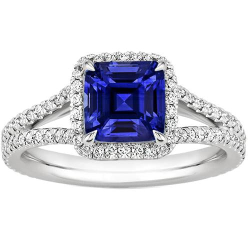 Bague de fiançailles en or avec halo de diamants 3.25 carats Asscher Blue Sapphire - HarryChadEnt.FR