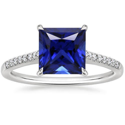 Bague de fiançailles en or princesse saphir bleu et diamant pour femme 5.50 carats