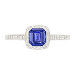 Bague de fiançailles en saphir bleu Asscher avec halo de diamants ronds 1.75 carats