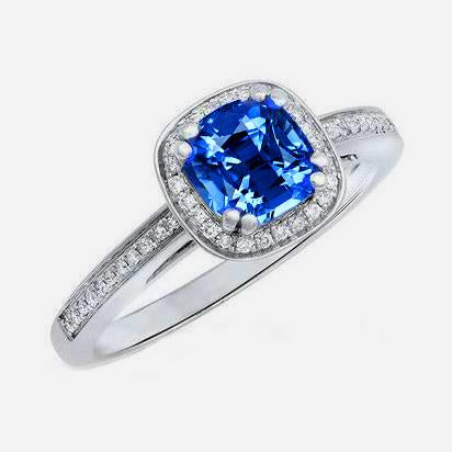 Bague de fiançailles en saphir bleu de Ceylan de 3.35 carats et diamants ronds - HarryChadEnt.FR