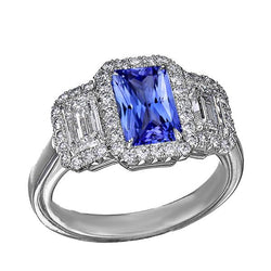 Bague de fiançailles halo bleu saphir 4.50 carats émeraude et diamant rond