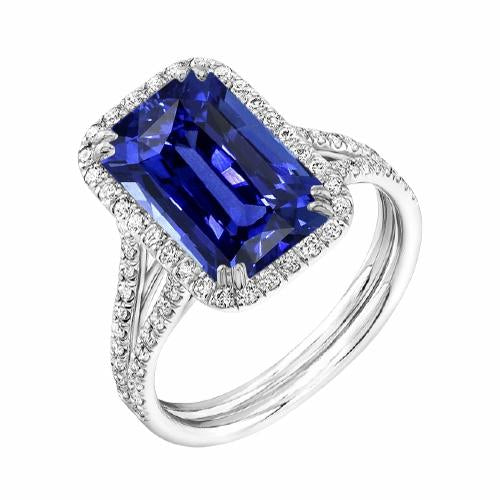 Bague de fiançailles halo bleu saphir sertie de 4.50 carats avec bande de diamants - HarryChadEnt.FR