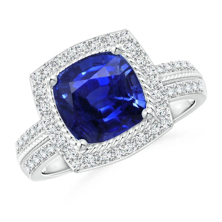 Bague de fiançailles halo de diamants et saphirs 3.70 carats or blanc 14K - HarryChadEnt.FR