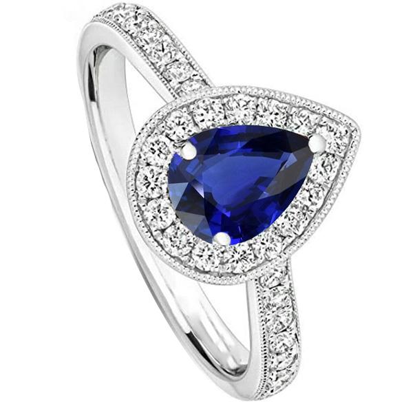 Bague de fiançailles halo de diamants poire Srilanka saphir 4.50 carats - HarryChadEnt.FR