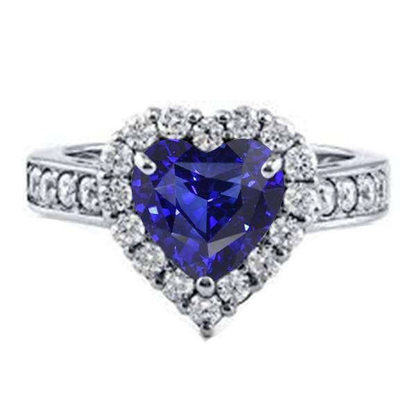 Bague de fiançailles halo de diamants taille coeur saphir bleu 4 carats - HarryChadEnt.FR