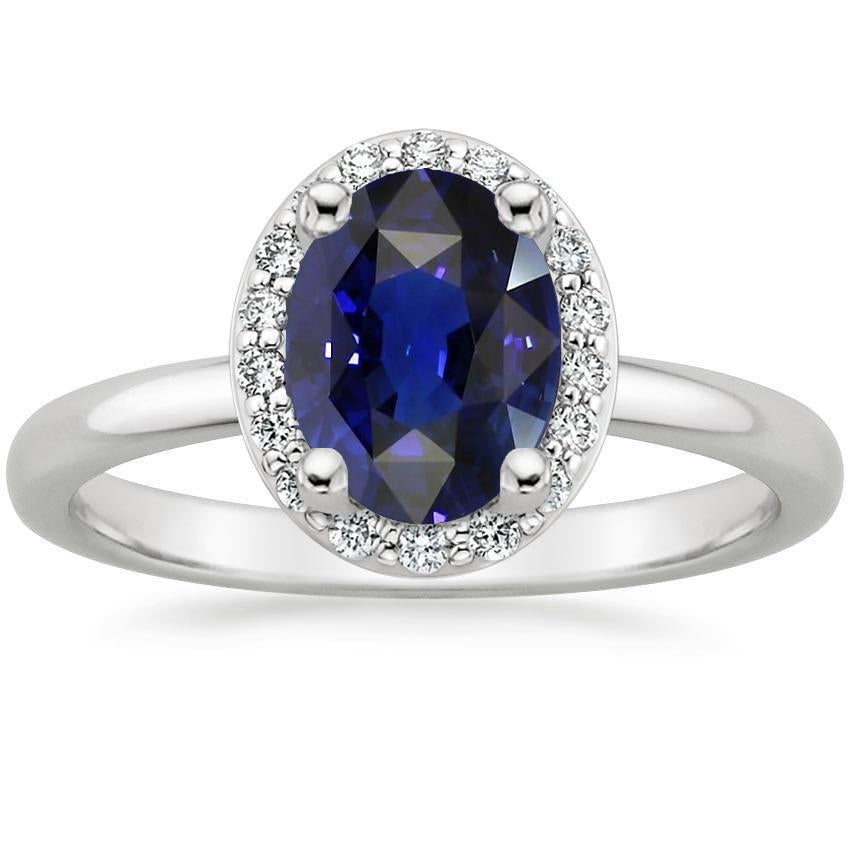 Bague de fiançailles halo diamant bleu saphir 4 carats or blanc 14K - HarryChadEnt.FR
