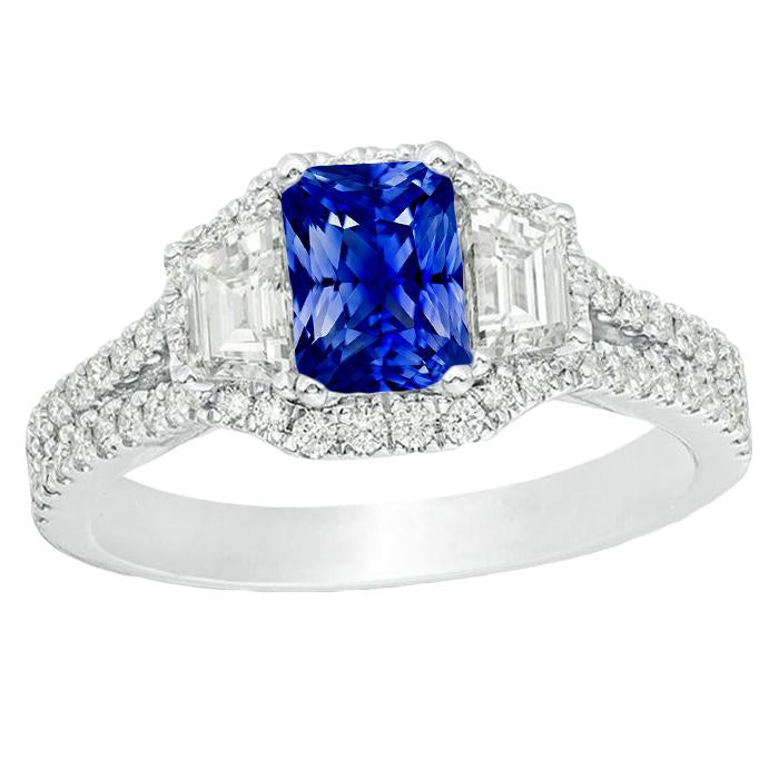 Bague de fiançailles halo saphir 4 carats trapèzes et diamants sertis pavé - HarryChadEnt.FR