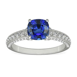 Bague de fiançailles or blanc diamant saphir bleu serti griffes 3.50 carats