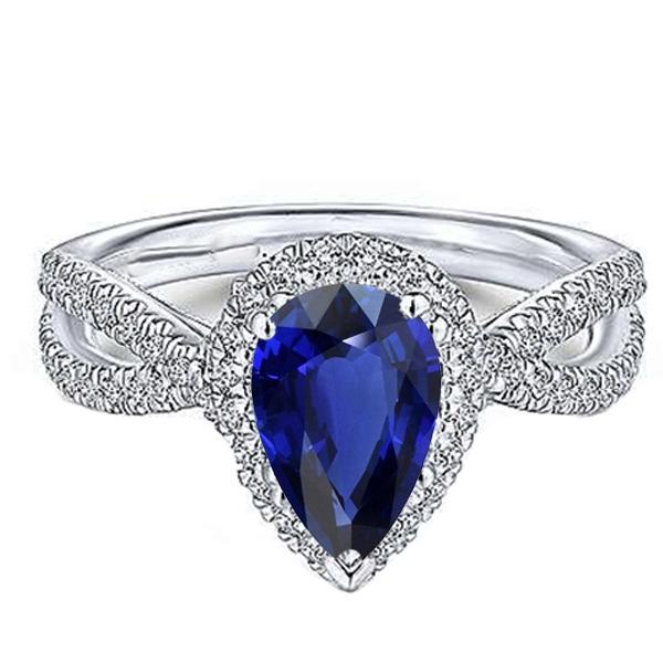 Bague de fiançailles poire halo saphir bleu tige fendue diamants 4 carats - HarryChadEnt.FR