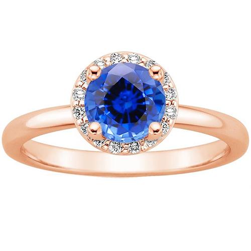 Bague de fiançailles ronde pour femme Halo Saphir bleu Or rose 2.50 carats - HarryChadEnt.FR