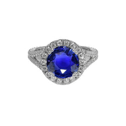 Bague de fiançailles ronde saphir bleu et halo de diamants 10 carats Nouveau