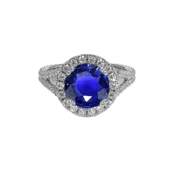 Bague de fiançailles ronde saphir bleu et halo de diamants 10 carats Nouveau - HarryChadEnt.FR