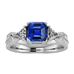 Bague de fiançailles saphir Asscher trillion et diamant rond 2.50 carats