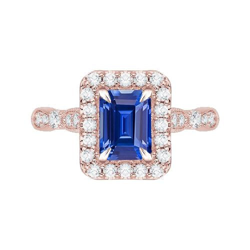 Bague de fiançailles saphir bleu 3 carats taille émeraude or rose millegrain - HarryChadEnt.FR