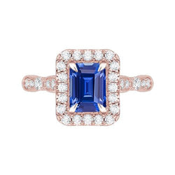 Bague de fiançailles saphir bleu 3 carats taille émeraude or rose millegrain