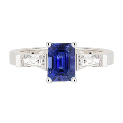 Bague de fiançailles saphir bleu émeraude 3 pierres diamant 2.50 carats
