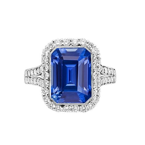 Bague de fiançailles saphir bleu émeraude sertie de diamants halo 4 carats - HarryChadEnt.FR