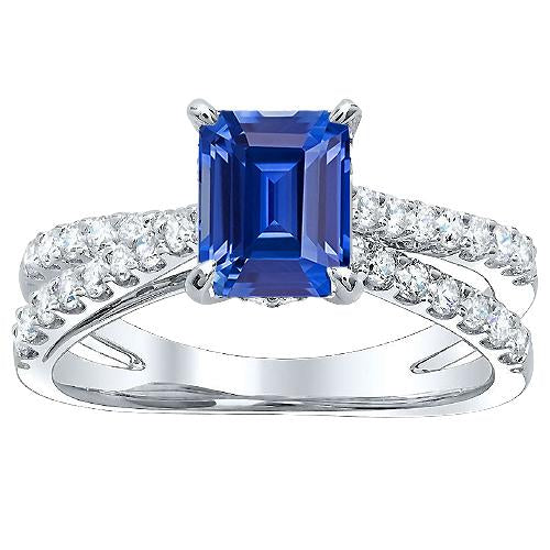 Bague de fiançailles saphir bleu tige fendue diamants ronds 3.50 carats - HarryChadEnt.FR