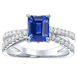 Bague de fiançailles saphir bleu tige fendue diamants ronds 3.50 carats