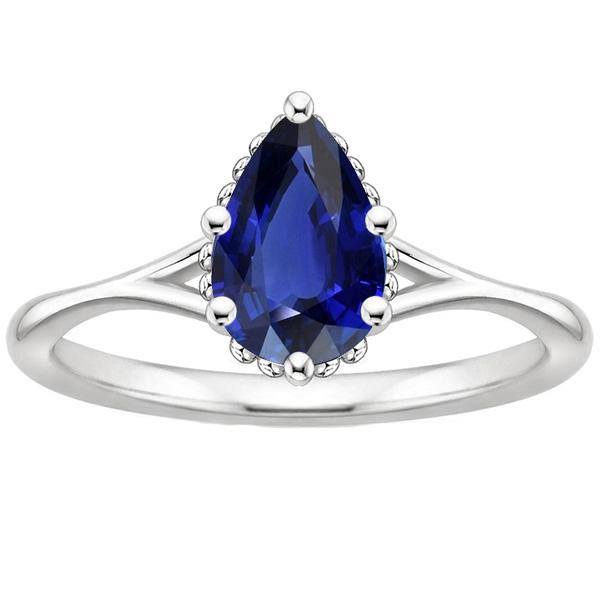 Bague de fiançailles solitaire tige fendue poire saphir bleu 2.50 carats - HarryChadEnt.FR