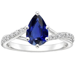 Bague de fiançailles tige fendue poire saphir bleu et diamants 3.25 carats