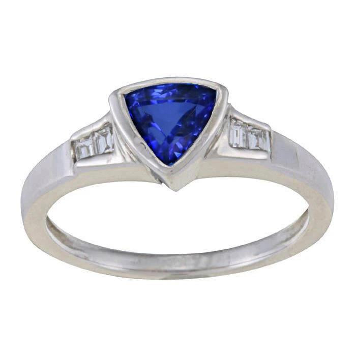Bague de fiançailles trillion de diamants saphir bleu de Ceylan 1.26 ct - HarryChadEnt.FR