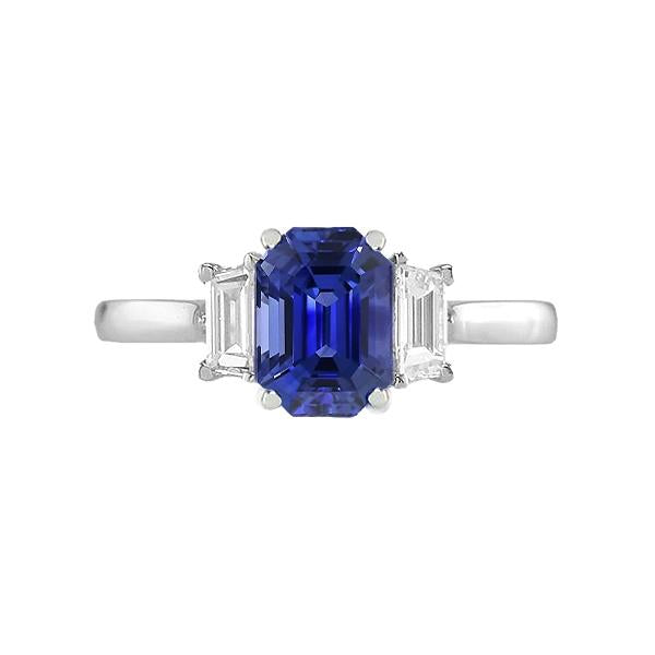 Bague de fiançailles trois pierres émeraude saphir du Sri Lanka 2.50 carats - HarryChadEnt.FR