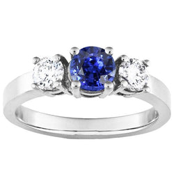 Bague de fiançailles trois pierres en or 14 carats ronde saphir de Ceylan 2.50 carats