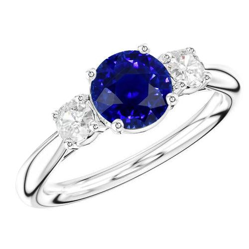 Bague de fiançailles trois pierres rondes saphir bleu 2.50 carats diamants - HarryChadEnt.FR