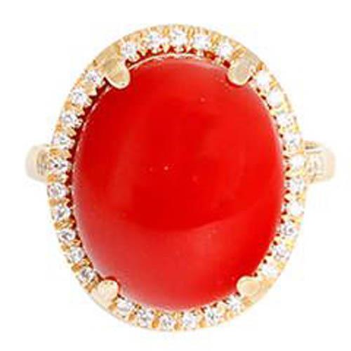 Bague de mariage 17 carats avec gros corail rouge et petits diamants en or 14K - HarryChadEnt.FR