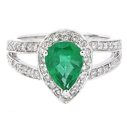 Bague de mariage 6 carats poire vert émeraude avec diamants or blanc 14K