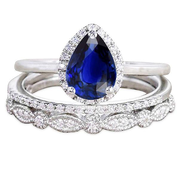 Bague de mariage Halo de style vintage sertie de saphir bleu taille poire 3.50 carats - HarryChadEnt.FR
