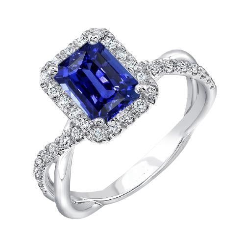 Bague de mariage Halo Radiant Blue Saphir Gold Twisted Shank 3.50 Carats - HarryChadEnt.FR