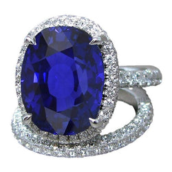 Bague de mariage Halo ovale en saphir de Ceylan sertie 7 carats avec bande de diamants