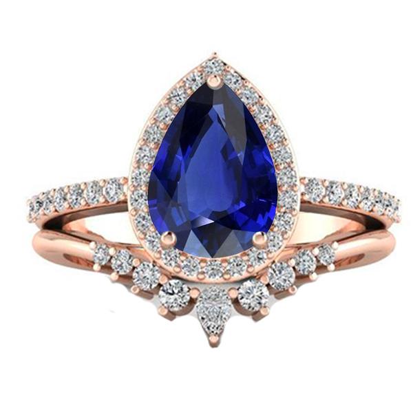 Bague de mariage Halo poire sertie saphir bleu profond et diamants 4.50 carats - HarryChadEnt.FR