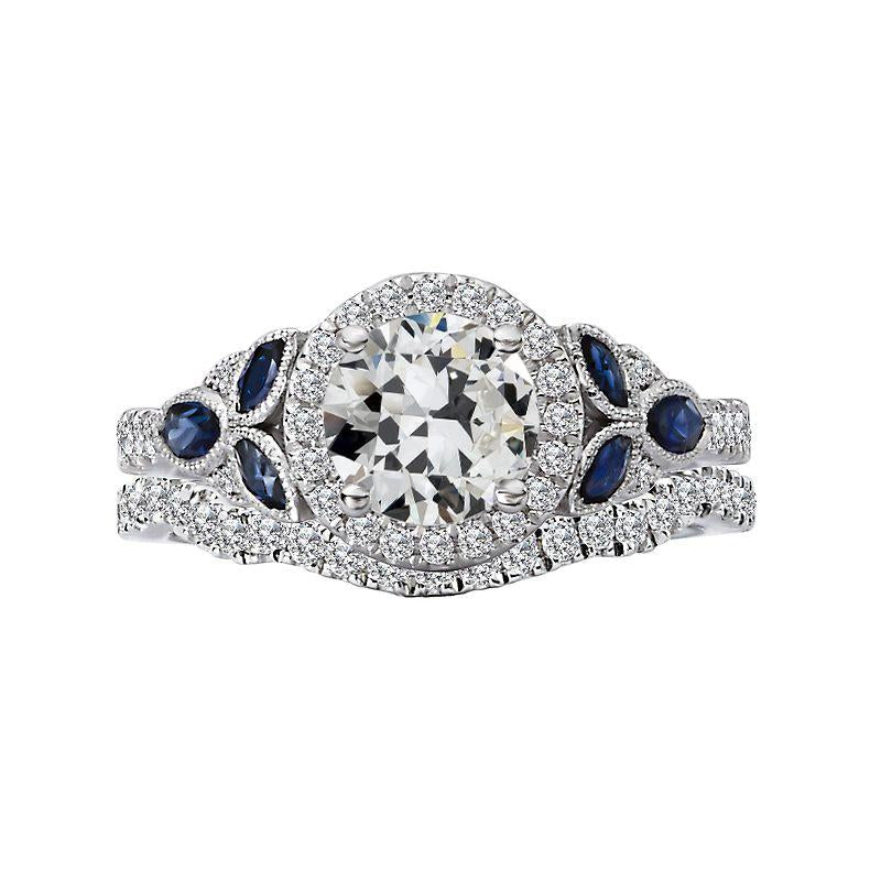 Bague de mariage Halo sertie de diamants taille ancienne et de saphirs marquise 6 carats - HarryChadEnt.FR