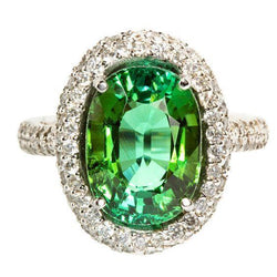 Bague de mariage avec diamants tourmaline vert ovale de 11 carats en or blanc 14k