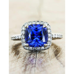 Bague de mariage avec halo de diamants et saphir de Ceylan 3 ct en or blanc massif 14K