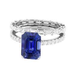 Bague de mariage avec pierres précieuses sertie de saphir bleu avec diamant baguette 3.50 carats