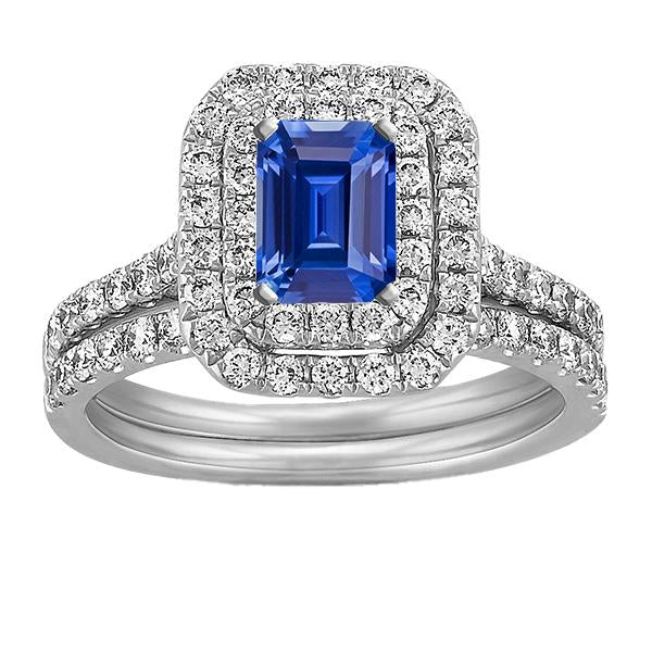 Bague de mariage diamant double halo saphir bleu émeraude sertie 5 carats - HarryChadEnt.FR