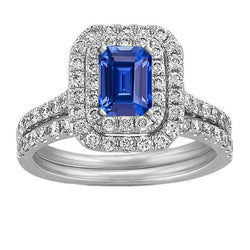 Bague de mariage diamant double halo saphir bleu émeraude sertie 5 carats