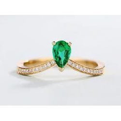 Bague de mariage diamant émeraude verte taille poire 3.4 ct or jaune 14K