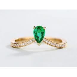 Bague de mariage diamant émeraude verte taille poire 3.4 ct or jaune 14K - HarryChadEnt.FR
