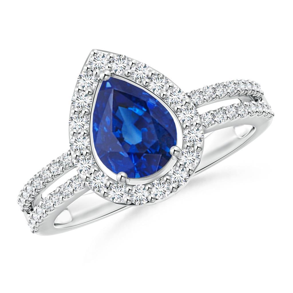 Bague de mariage diamants taille poire et saphir ronds de 2.50 cts en or blanc - HarryChadEnt.FR